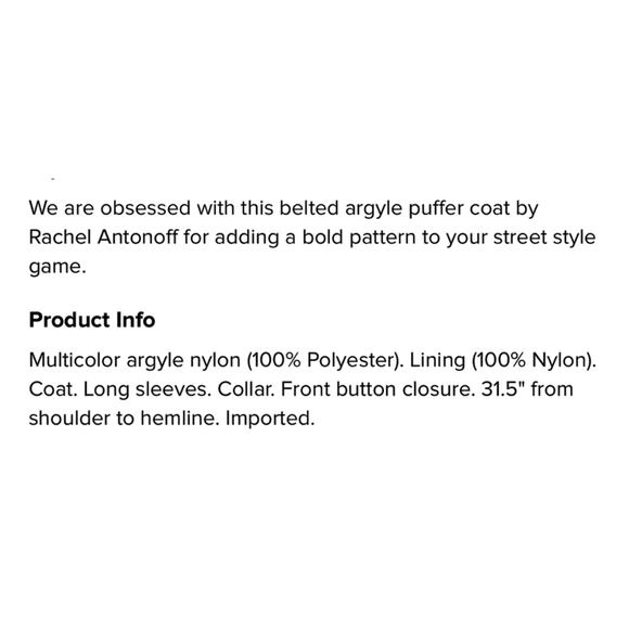 EUC $450 Rachel Antonoff Colorful Argyle Belted Puffer - Size Small - Picture 14 of 14